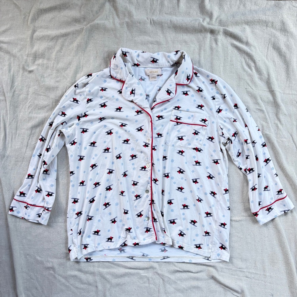 Lattelove Pajama Top Large White Skiing Black Lab Dog Print‎ Modal Cotton Blend